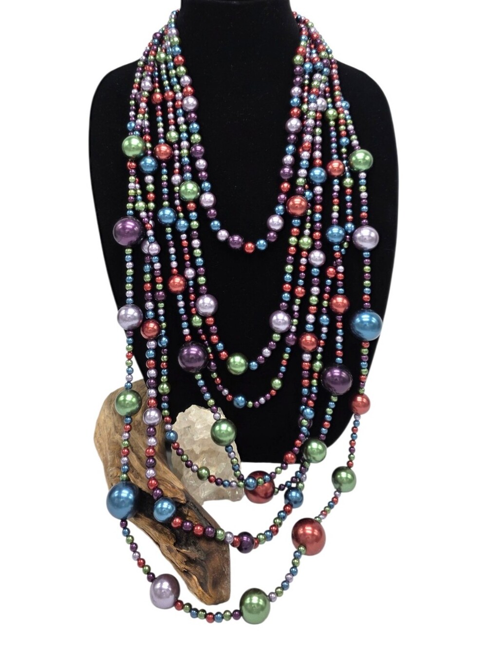 7 Strand Colorful Beaded Statement Necklace Long Layered Maximalist 24"- 29"